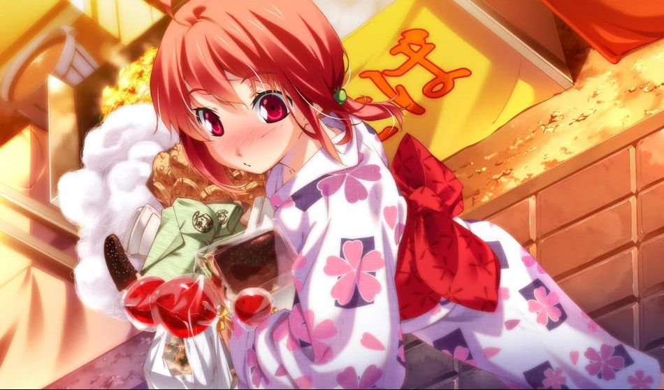 1girl, blush, cotton_candy, female_focus, food, g_yuusuke, game_cg, hikari_shiomi, holding, holding_cotton_candy, holding_food, japanese_clothes, kimono, red_eyes, shiomi_hikari, solo, tapestry_-you_will_meet_yourself-, yukata