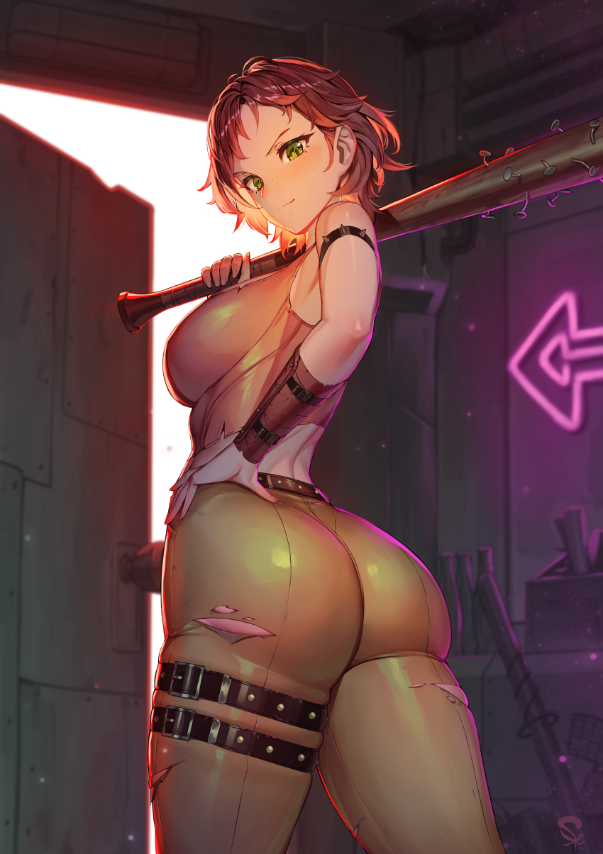 1girl, absurdres, ass, bare_shoulders, baseball_bat, belt, breasts, brown_hair, cait_(fallout_4), fallout, fallout_4, green_eyes, highres, holding, holding_weapon, large_breasts, looking_at_viewer, looking_back, nail_(hardware), nail_bat, over_shoulder, pants, short_hair, skin_tight, suerte, taut_clothes, thigh_strap, thighs, torn_clothes, vest, weapon, weapon_over_shoulder