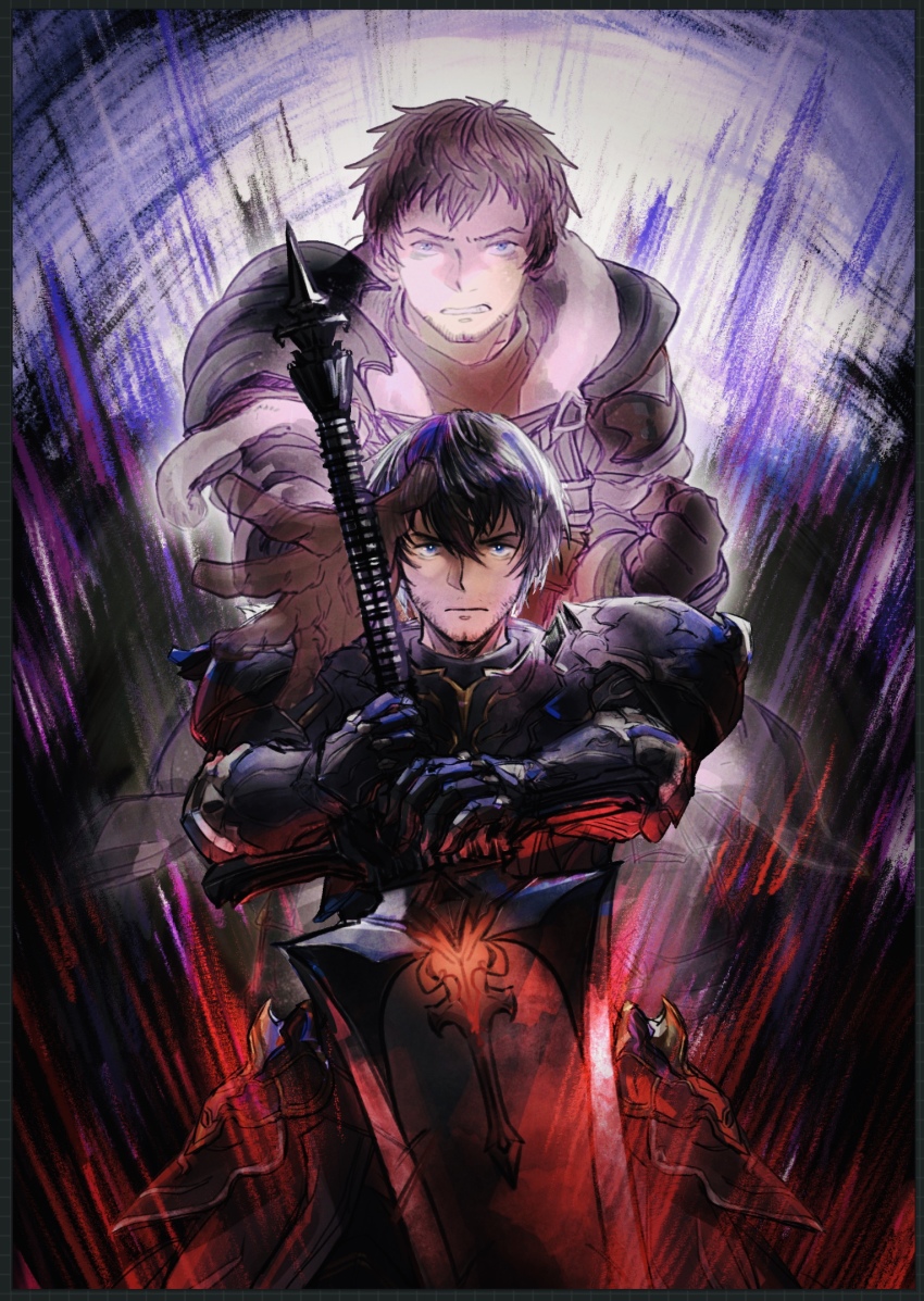 2boys, adventurer_(ff14), ardbert_hylfyst, armor, black_hair, blue_eyes, brown_hair, clenched_hand