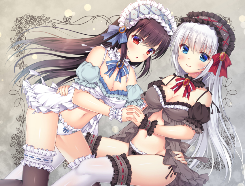 2girls, :o, babydoll, bare_shoulders, black_hair, black_legwear, black_panties, black_sleeves