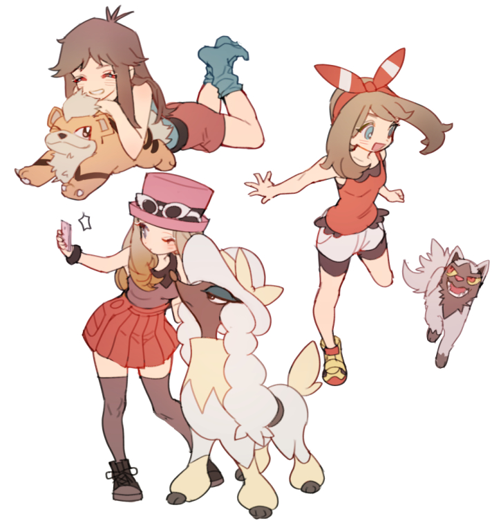 3girls, bike_shorts, black_footwear, black_legwear, blue_eyes, blush, bow_hairband, brown_hair, cellphone, closed_eyes, commentary_request, eyewear_on_headwear, furfrou, furfrou_(debutante), gen_1_pokemon, gen_3_pokemon, gen_6_pokemon, growlithe, hairband, holding, holding_phone, leaf_(pokemon), long_hair, may_(pokemon), multiple_girls, nintendo, one_eye_closed, open_mouth, phone, pink_headwear, pleated_skirt, pokemon, pokemon_(creature), pokemon_firered_and_leafgreen, pokemon_omega_ruby_and_alpha_sapphire, pokemon_x_and_y, poochyena, red_hairband, red_skirt, red_tank_top, selfie, serena_(pokemon), shoes, shorts, skirt, socks, sunglasses, tank_top, thighhighs, white_background, zuizi
