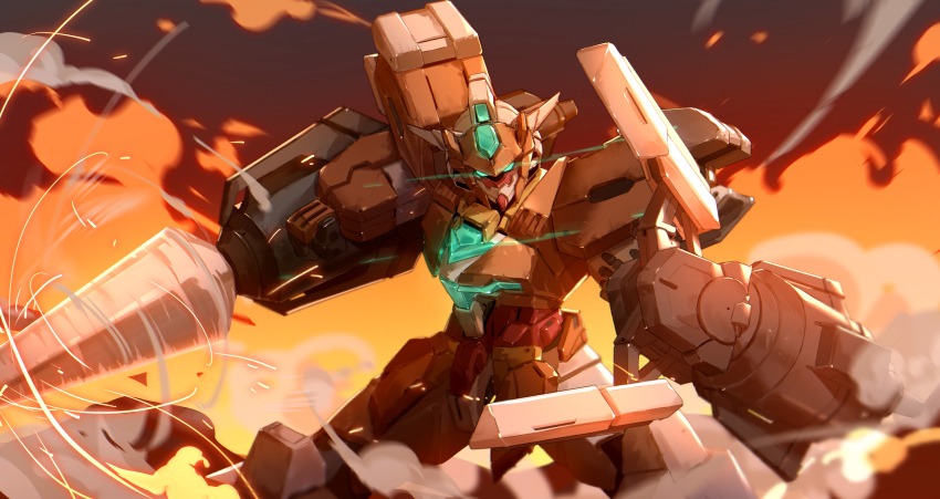 absurdres, armor, claw_(weapon), drill, fighting_stance, fire, glowing, glowing_eyes