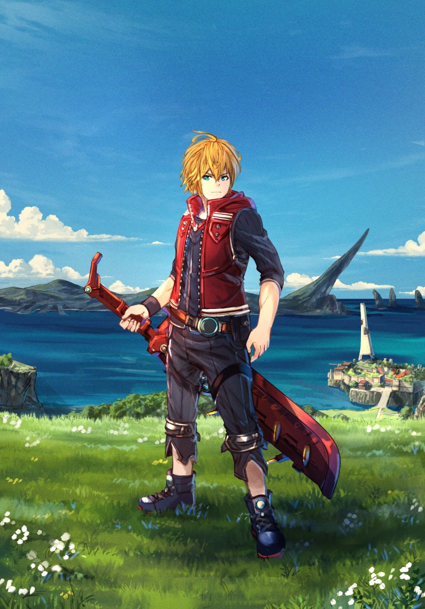 1boy, absurdres, blonde_hair, blue_eyes, field, grass, highres, holding