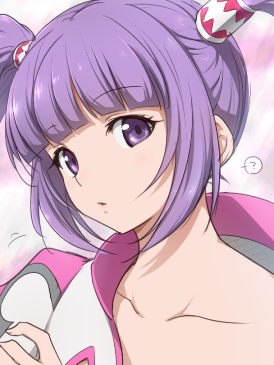 1girl, bad_ci-en_id, bad_id, blunt_bangs, kiikii, kiikii_(kitsukedokoro), long_hair, looking_at_viewer, off_shoulder, official_alternate_costume, purple_eyes, purple_hair, solo, sophie_(tales), sophie_(toast_of_the_town)_(tales), tales_of_(series), tales_of_graces, twintails