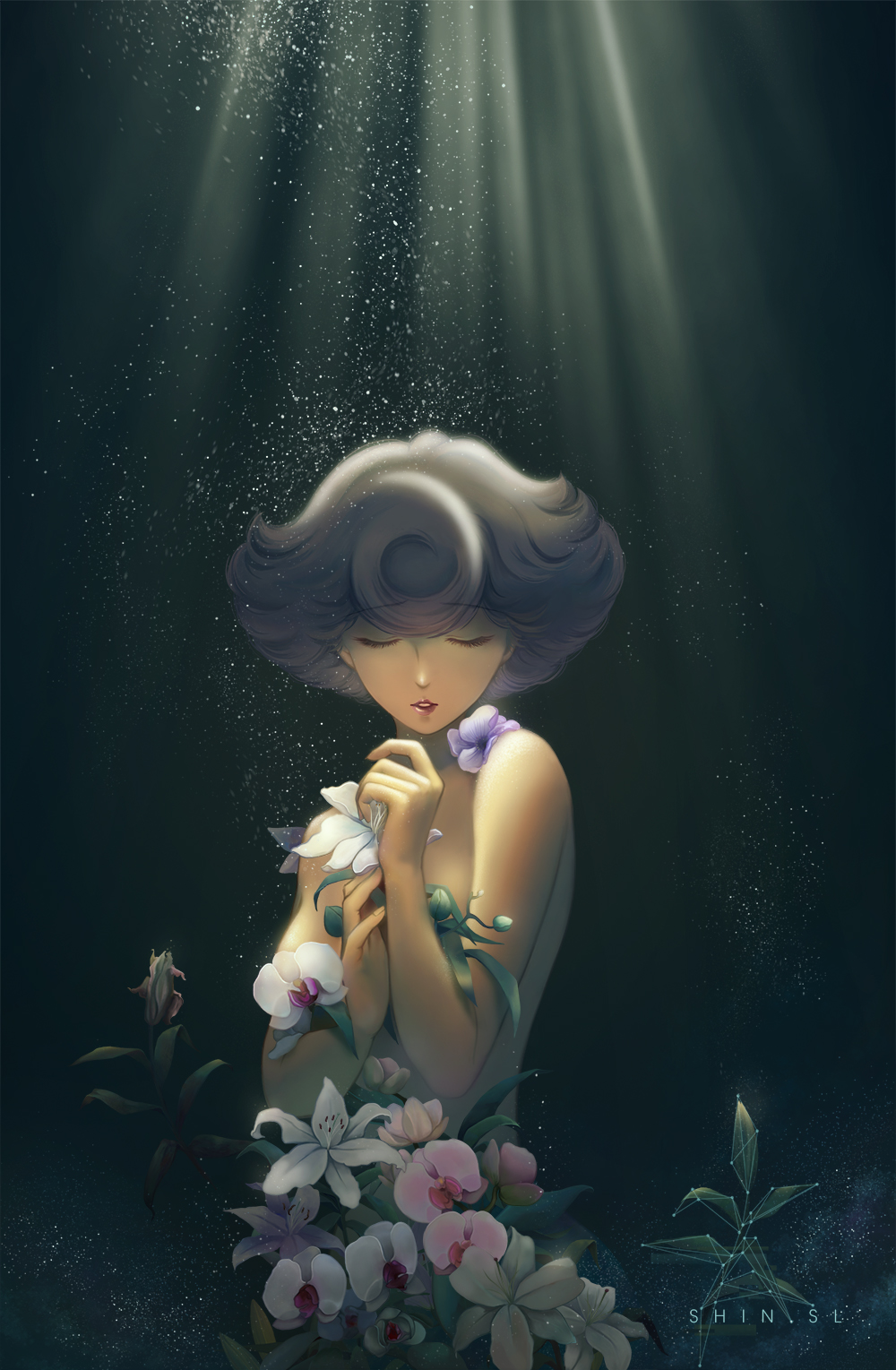 1girl, angela_carpenter, artist_name, backlighting, black_hair, bouquet, breasts, carole_&amp;_tuesday