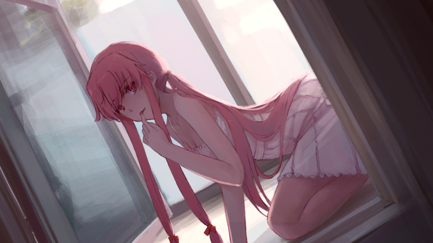 1girl, breasts, cleavage, dress, dutch_angle, gasai_yuno, highres, kneeling, leaning_forward, long_hair, looking_at_viewer, medium_breasts, mirai_nikki, pink_hair, red_eyes, short_dress, sidelocks, sleeveless, sleeveless_dress, solo, sundress, very_long_hair, viscum, white_dress