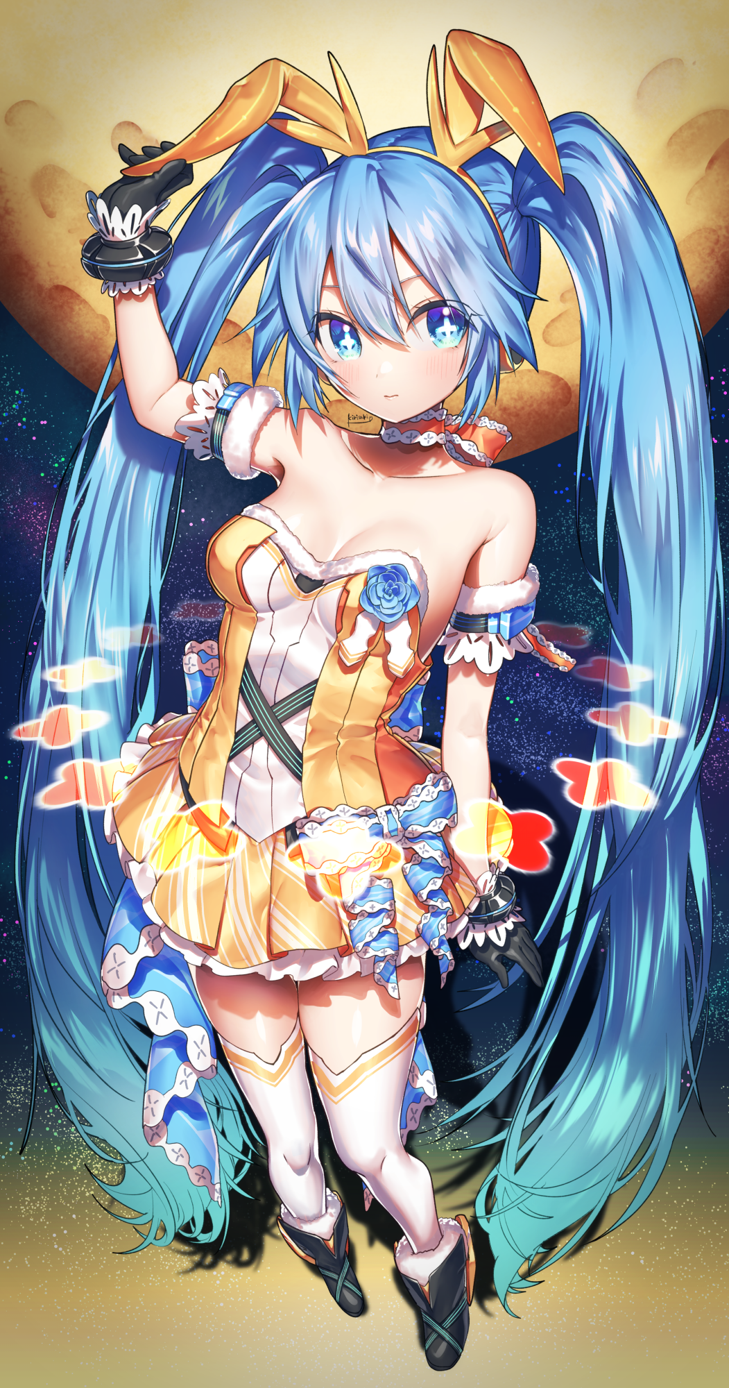 +_+, 1girl, absurdly_long_hair, animal_ears, black_gloves, blue_eyes, blue_hair, breasts, fake_animal_ears, full_moon, gloves, hair_between_eyes, hatsune_miku, hatsune_miku_(orange_blossom), headphones, highres, kirisaki_shuusei, long_hair, medium_breasts, moon, rabbit_ears, skirt, solo, thighhighs, twintails, very_long_hair, vocaloid, white_thighhighs, yellow_skirt