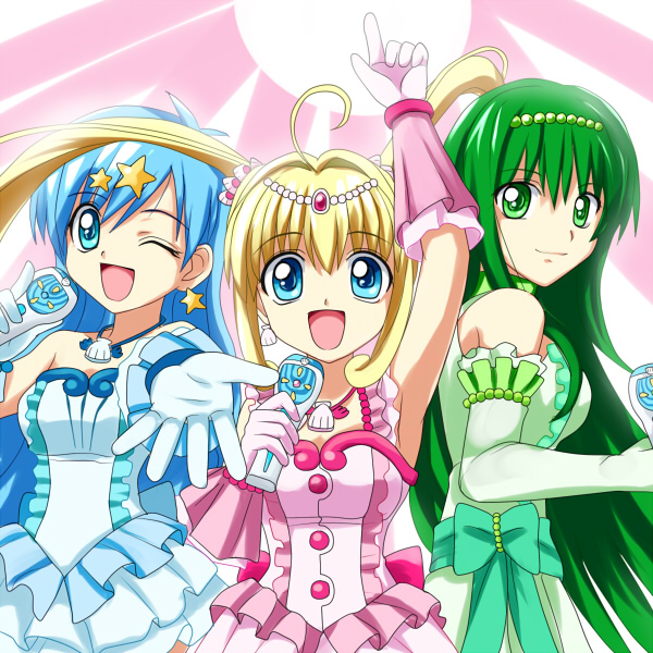 00s, 3girls, blonde_hair, blue_eyes, blue_hair, gloves, green_eyes, green_hair
