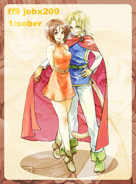 1boy, 1girl, bad_id, bad_pixiv_id, bartz_klauser_(cosplay), brown_eyes, brown_hair, bartz_klauser, cape, cosplay, dress, final_fantasy, final_fantasy_ix, final_fantasy_v, garnet_til_alexandros_xvii, lenna_charlotte_tycoon, lenna_charlotte_tycoon_(cosplay), orange_shirt, orange_skirt, shirt, short_hair, skirt, tail, uboar, zidane_tribal, zoom_layer