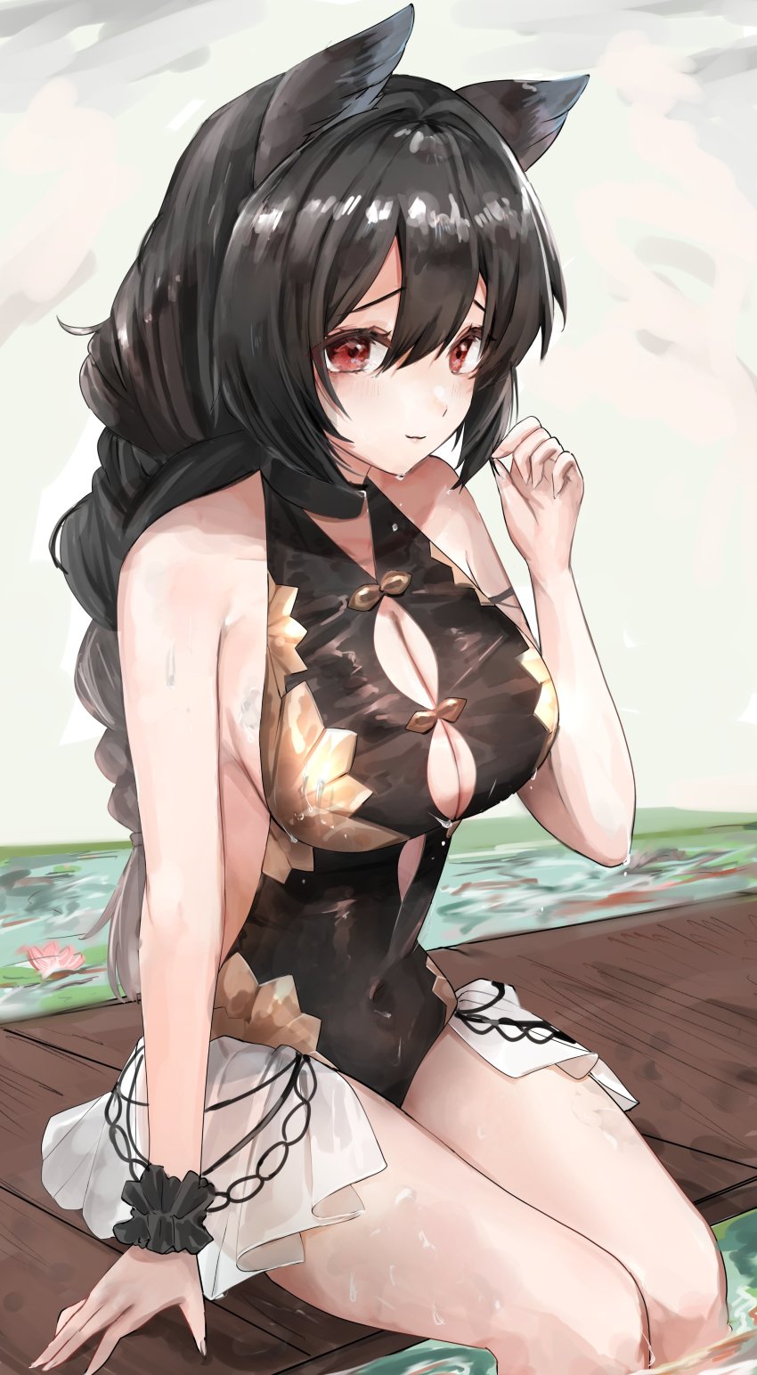 1girl, absurdres, animal_ears, bare_shoulders, black_hair, braid, breasts, cleavage