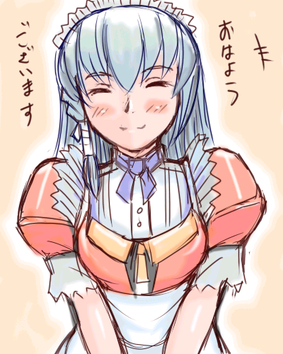 +++, aged_up, blue_hair, blush, closed_eyes, cosplay, cyberdoll_may, cyberdoll_may_(cosplay), hand_maid_may, happy, long_hair, lowres, maid, maid_headdress, rozen_maiden, silver_hair, simple_background, smile, solo, suigintou, translated, tsuda_nanafushi