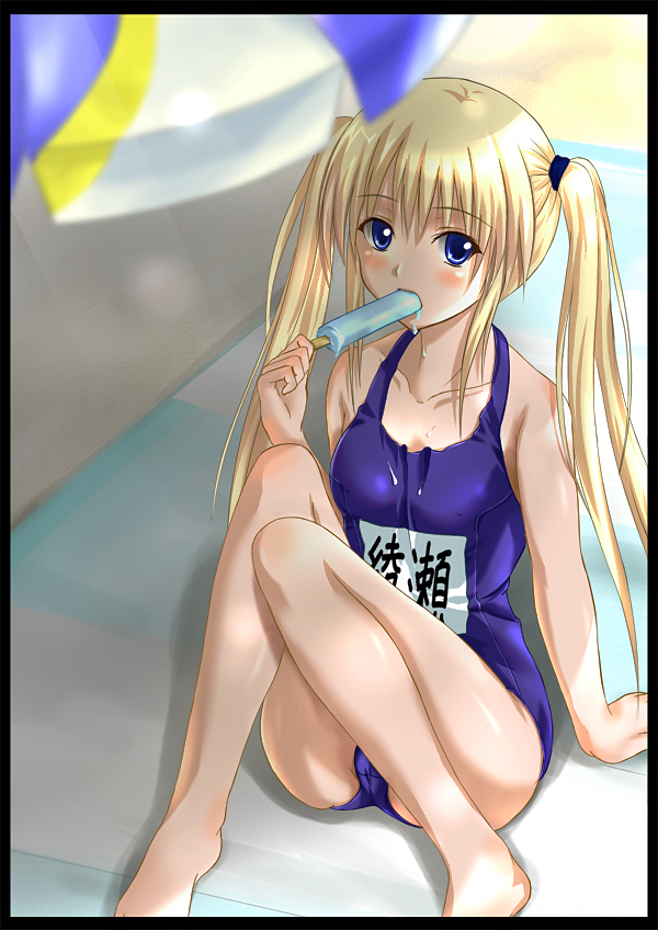 ayase_natsuki, barefoot, beach, blonde_hair, blue_eyes, blush, food, koni