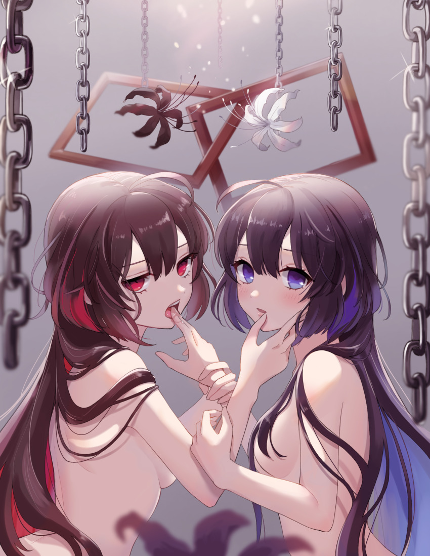 2girls, ahoge, bare_shoulders, black_flower, black_hair, blue_eyes, blue_hair, blurry, blurry_foreground, blush, breasts, chain, convenient_censoring, depth_of_field, finger_in_another's_mouth, flower, from_side, glint, convenient_hair, hair_over_breasts, half-closed_eyes, hand_on_another's_face, highres, honkai_(series), honkai_impact_3rd, lily_(flower), long_hair, looking_at_viewer, medium_breasts, multicolored_hair, multiple_girls, nasubi_(1ra1ri1ko2cho1mi2na), nude, open_mouth, picture_frame, red_eyes, red_hair, saliva, seele_(alter_ego), seele_vollerei, seele_vollerei_(mirrored_flourishes), seele_vollerei_(stygian_nymph), sideboob, two-tone_hair, upper_body, very_long_hair, white_flower