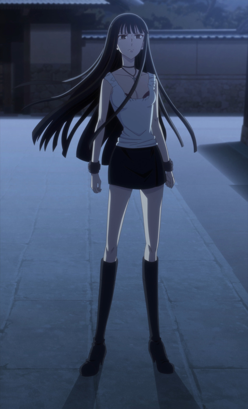 1girl, absurdres, anime_screenshot, black_boots, black_eyes, black_hair, black_skirt, boots, bracelet, breasts, closed_mouth, floating_hair, fruits_basket, full_body, high_heel_boots, high_heels, highres, jewelry, knee_boots, long_hair, medium_breasts, necklace, non-web_source, shirt, skirt, sleeveless, sleeveless_shirt, solo, sohma_isuzu, standing, stitched, third-party_edit, white_shirt, wind