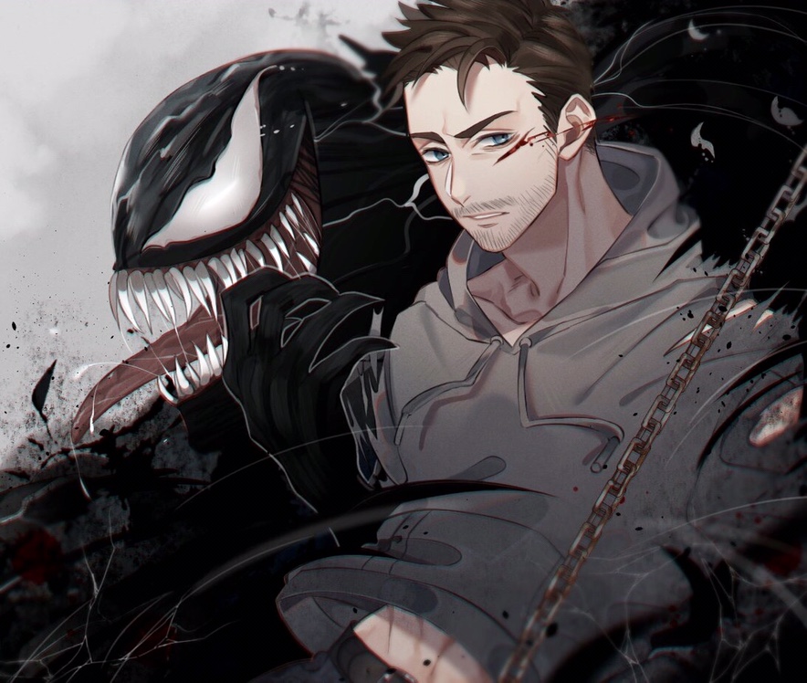 2boys, animification, bodysuit, claws, dual_persona, eddie_brock, facial_hair, iyo_(nanaka-0521)