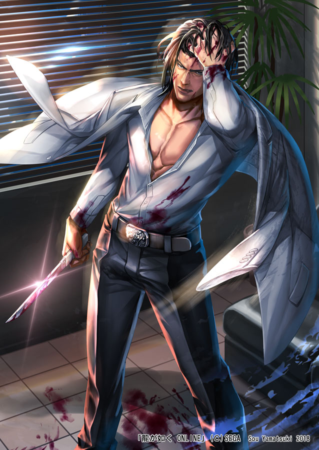 1boy, belt, black_hair, blood, blood_on_clothes, bloody_weapon, formal_clothes, hand_in_own_hair