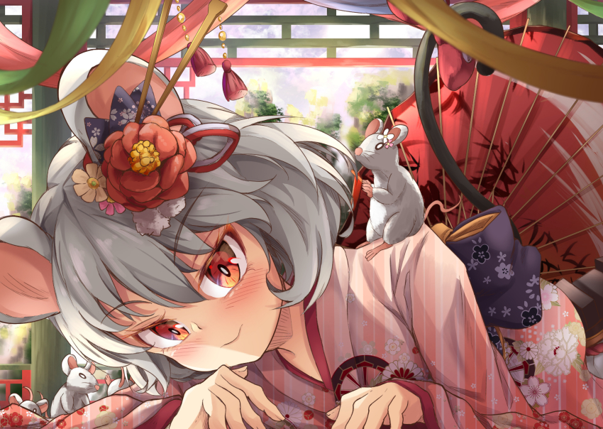 alternate_costume, animal, animal_ears, animal_on_shoulder, architecture, blush, bow, east_asian_architecture