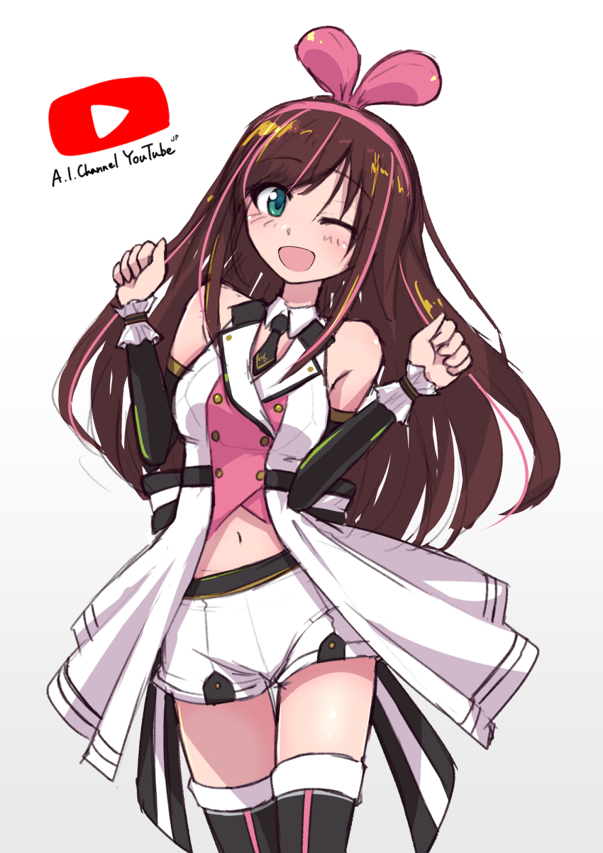 1girl, blue_eyes, bow, brown_hair, character_name, clenched_hands, copyright_name, crossed_legs