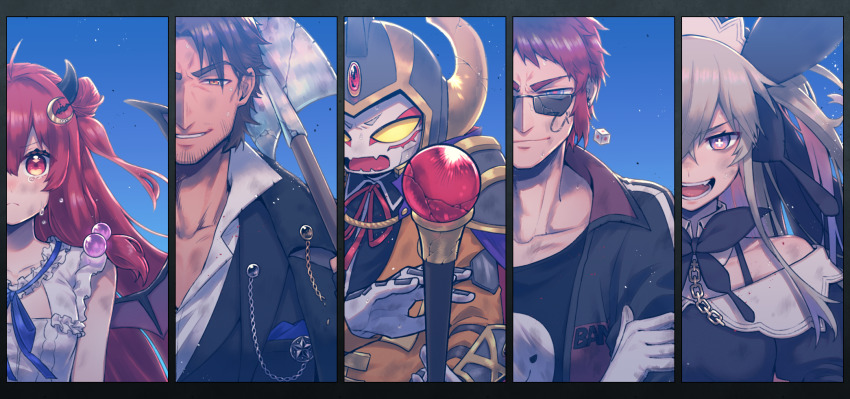 1other, 2boys, 2girls, akkun_daimaou, bans, bare_arms, bare_shoulders, bat_hair_ornament