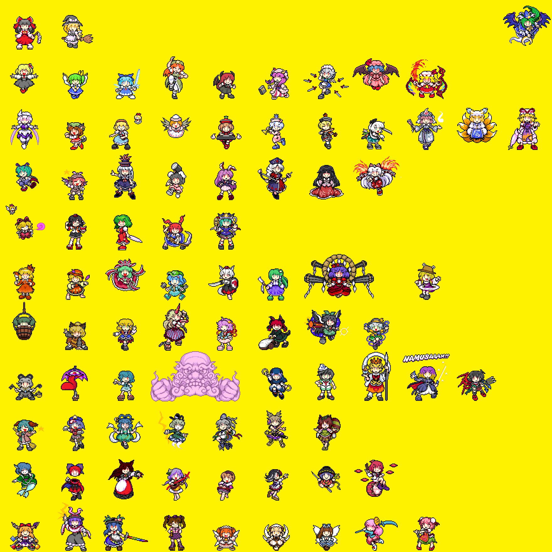 6+girls, aki_minoriko, aki_shizuha, alice_margatroid, animal_ears, annotation_request, bat_wings, bird_wings, black_dress, blonde_hair, blue_dress, blue_hair, braid, broom, brown_hair, bucket, camera, cat_ears, cat_tail, character_request, chen, cirno, commentary_request, daiyousei, detached_sleeves, doll, dress, electricity, everyone, fairy_wings, flandre_scarlet, floating, food, fox_tail, frog_hair_ornament, fruit, fujiwara_no_mokou, futatsuiwa_mamizou, gradient_hair, green_hair, grey_hair, hair_ornament, hair_ribbon, hakurei_reimu, hammer, hand_fan, hat, hata_no_kokoro, heart, heart_of_string, heterochromia, highres, hijiri_byakuren, himekaidou_hatate, hinanawi_tenshi, hitodama, holding, holding_broom, holding_camera, holding_fan, holding_hammer, holding_instrument, holding_shield, holding_umbrella, holding_violin, holding_weapon, hong_meiling, horikawa_raiko, horns, hoshiguma_yuugi, houjuu_nue, houraisan_kaguya, ibaraki_kasen, ibuki_suika, ice, ice_wings, imaizumi_kagerou, in_bucket, in_container, inaba_tewi, instrument, inubashiri_momiji, izayoi_sakuya, kaenbyou_rin, kagiyama_hina, kaku_seiga, kamishirasawa_keine, kasodani_kyouko, kawashiro_nitori, kazami_yuuka, keyboard_(instrument), kijin_seija, kirai_shouen, kirisame_marisa, kisume, knife, koakuma, kochiya_sanae, komeiji_koishi, komeiji_satori, konpaku_youmu, kumoi_ichirin, kurodani_yamame, letty_whiterock, lily_white, luna_child, lunasa_prismriver, lyrica_prismriver, maid, maid_headdress, medicine_melancholy, merlin_prismriver, mima_(touhou), miyako_yoshika, mizuhashi_parsee, mob_cap, moriya_suwako, mother_(series), mouse_ears, multicolored_dress, multicolored_hair, multiple_girls, murasa_minamitsu, mystia_lorelei, nagae_iku, namusanbou, nazrin, nintendo, oni_horns, onozuka_komachi, patchouli_knowledge, peach, pink_dress, pixel_art, purple_hair, rabbit_ears, rabbit_tail, red_dress, reisen_udongein_inaba, reiuji_utsuho, remilia_scarlet, ribbon, rope, rumia, saigyouji_yuyuko, saturday_night_fever, sekibanki, shameimaru_aya, shanghai_doll, shield, shiki_eiki, shimenawa, side_ponytail, simple_background, single_braid, single_horn, snake_hair_ornament, soga_no_tojiko, standing, standing_on_one_leg, star_sapphire, sukuna_shinmyoumaru, sunny_milk, sword, sword_of_hisou, tail, tatara_kogasa, tatara_kogasa_(umbrella), third_eye, throwing_knife, toramaru_shou, touhou, touhou_(pc-98), touhou_mother, toyosatomimi_no_miko, trumpet, tsukumo_benben, tsukumo_yatsuhashi, twin_braids, umbrella, unzan, violin, wakasagihime, weapon, white_hair, wings, witch_hat, wriggle_nightbug, yagokoro_eirin, yakumo_ran, yakumo_yukari, yasaka_kanako, yellow_background