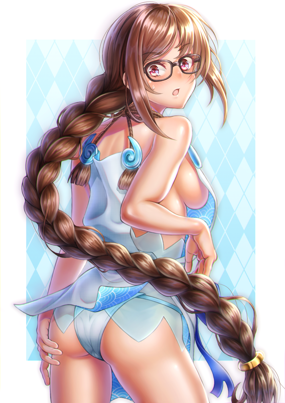 1girl, :o, akuta_hinako, ass, bare_shoulders, black-framed_eyewear, blue_border, blue_dress