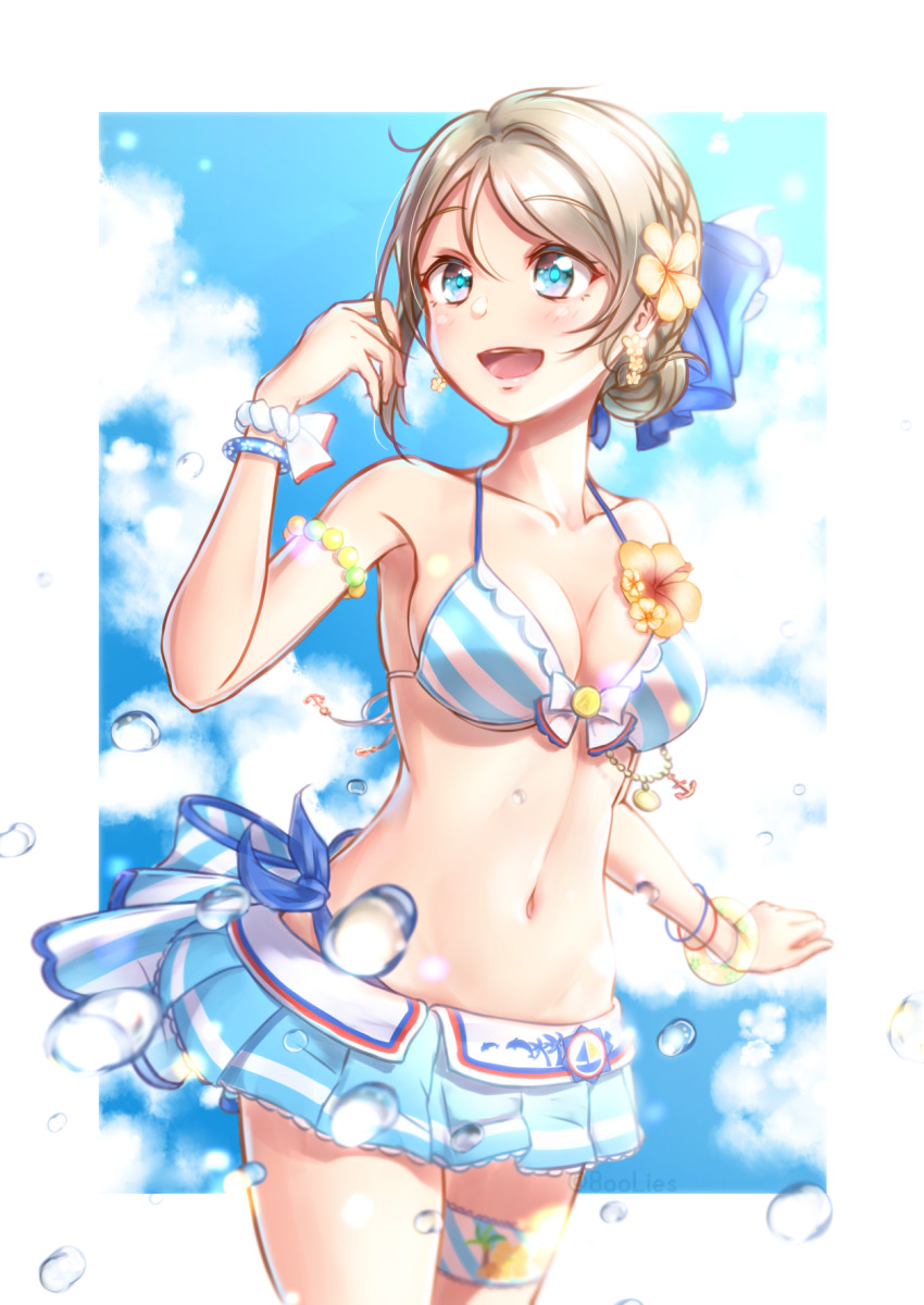 1girl, :d, anchor, bangle, bikini, bikini_skirt, blue_bow, blue_eyes