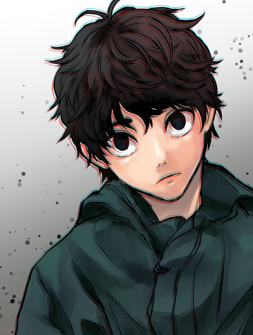 1boy, animification, black_eyes, black_hair, chromatic_aberration, close-up, green_jacket, head_tilt, jacket, kaburagi_shinya, looking_at_viewer, male_focus, solo, tokusatsu, tuskofjonny, ultra_series, ultraman_z_(series)