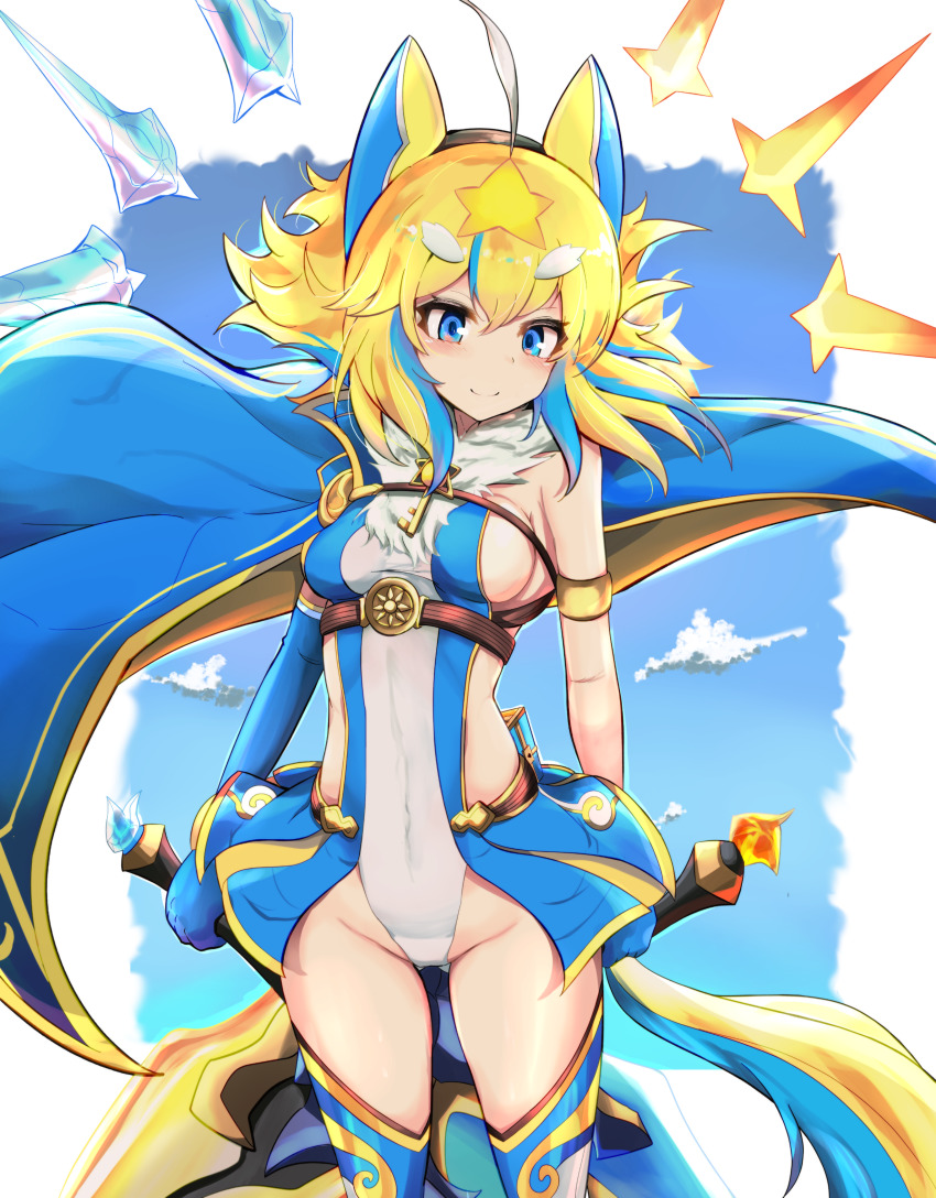 1girl, absurdres, ahoge, animal_ears, bad_id, bad_pixiv_id, blonde_hair, blue_eyes, blue_hair, blush, breasts, cape, ferule, fur_collar, groin, highres, key, koshian_(taiyaki), multicolored_hair, puzzle_&amp;_dragons, short_hair, sideboob, smile, star_(symbol), thick_eyebrows, two-tone_hair, weapon