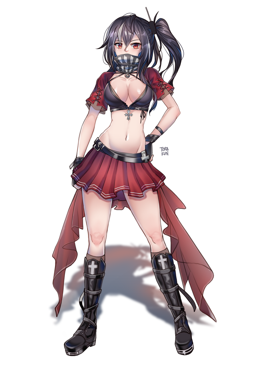 1girl, azur_lane, bandana, bandana_over_mouth, belt, black_belt, black_boots, black_gloves