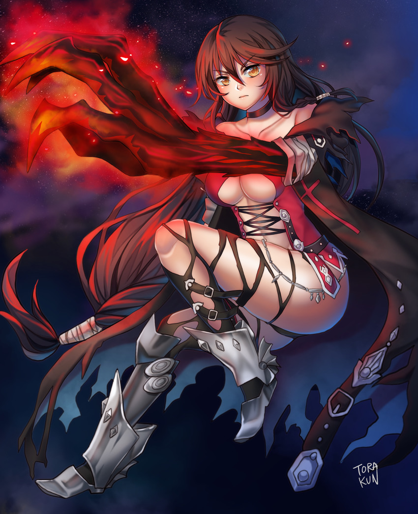 1girl, armored_boots, ass, bandaged_arm, bandages, bare_shoulders, black_cape, black_choker