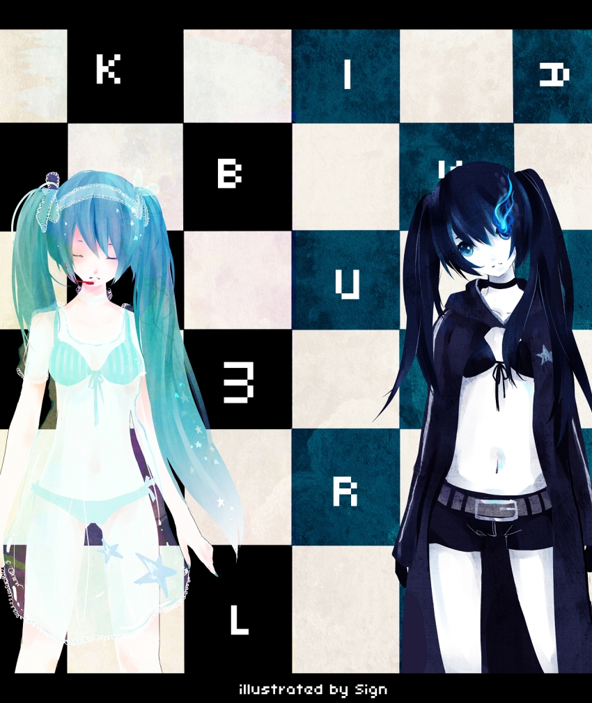 10s, 2girls, aqua_hair, belt, bikini, bikini_top_only, black_hair, black_rock_shooter