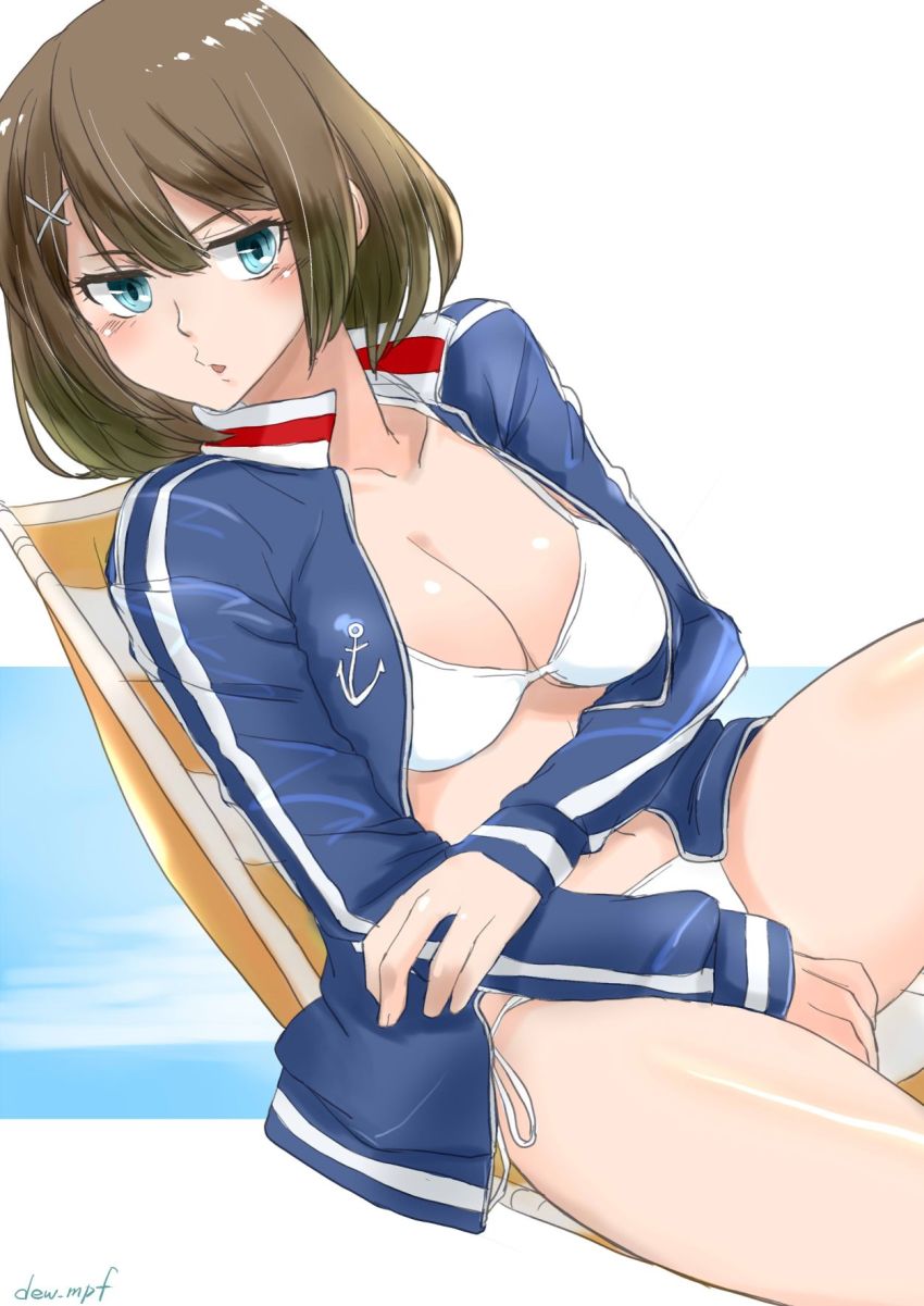 1girl, anchor_symbol, bikini, blue_eyes, blue_jacket, breasts, brown_hair, chair