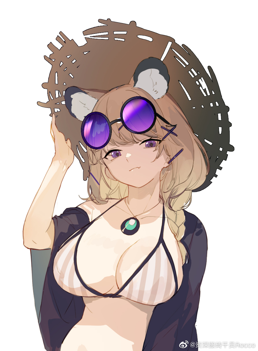 1girl, animal_ears, arknights, bikini, braid, breasts, brown_hair, cleavage, eyewear_on_head, fang, fang_out, hair_ornament, hairclip, hand_on_headwear, hat, highres, jewelry, large_breasts, necklace, official_alternate_costume, purple_eyes, rocco, side_braid, simple_background, skin_fang, solo, straw_hat, sunglasses, swimsuit, swimsuit_cover-up, utage_(arknights), utage_(summer_flowers)_(arknights), watermark, weibo_watermark, white_background
