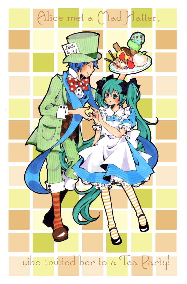 1boy, 1girl, alice_(alice_in_wonderland), alice_(alice_in_wonderland)_(cosplay), alice's_adventures_in_wonderland, apron, aqua_eyes, aqua_hair, bad_id, bad_pixiv_id, blue_dress, blue_hair, blue_scarf, cake, cosplay, dress, english_text, food, formal_clothes, frills, hat, hatsune_miku, ice_cream, kaito_(vocaloid), long_hair, mad_hatter_(alice_in_wonderland), pantyhose, pastry, plate, scarf, shoes, smile, striped_clothes, striped_pantyhose, striped_thighhighs, suit, thighhighs, tomoshibi_rei, top_hat, twintails, very_long_hair, vocaloid