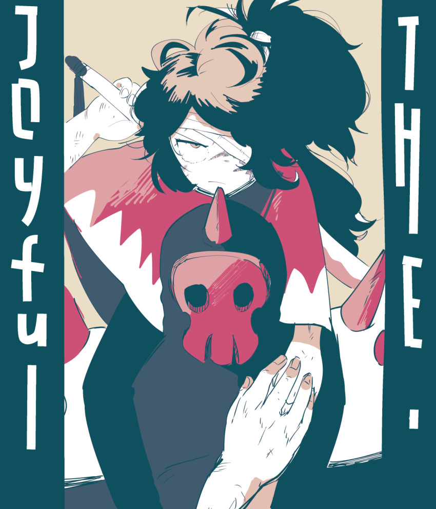 1boy, 1girl, age_difference, armor, bandage_over_one_eye, black_hair, black_pants, brown_background