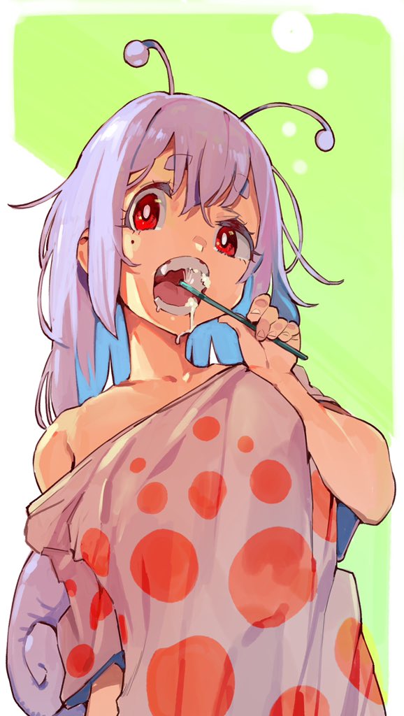 1girl, antennae, bare_shoulders, bright_pupils, brushing_teeth, contrapposto, fingernails, hand_up, long_hair, looking_at_viewer, mole, mole_under_eye, nonco, off-shoulder_shirt, off_shoulder, open_mouth, purple_hair, red_eyes, shirt, snail_shell, snailchan, snail's_house, solo, tail, toothbrush, upper_body, white_pupils