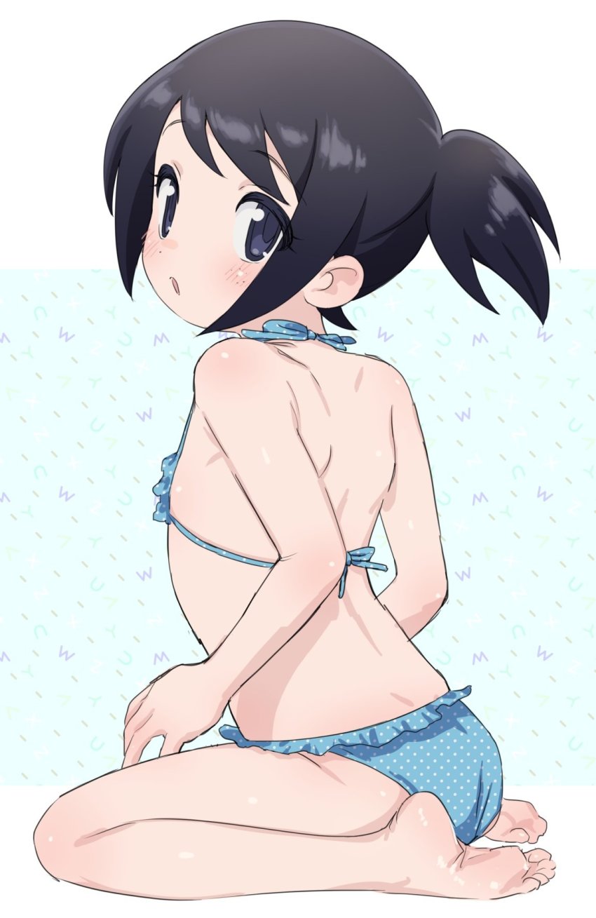 1girl, bikini, black_eyes, black_hair, blush, feet, freckles, genderswap, genderswap_(mtf), highres, mizuno_uchi, sasuke_(sasuke), sasuke_(shirato_sanpei), soles, solo, swimsuit, toes