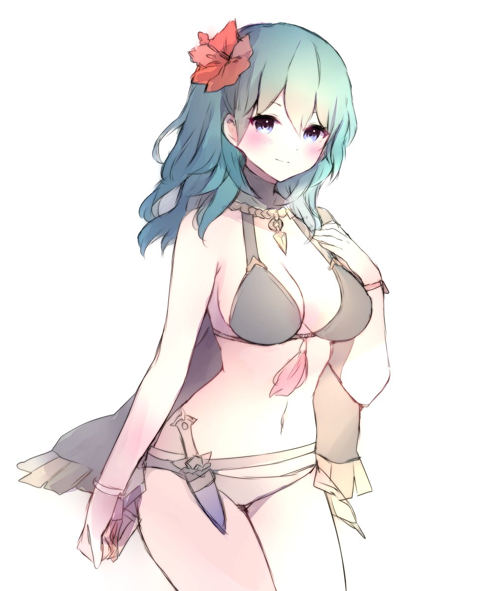 1girl, bikini, black_bikini, blue_eyes, blue_hair, breasts, female_byleth_(fire_emblem), female_byleth_(summer)_(fire_emblem)