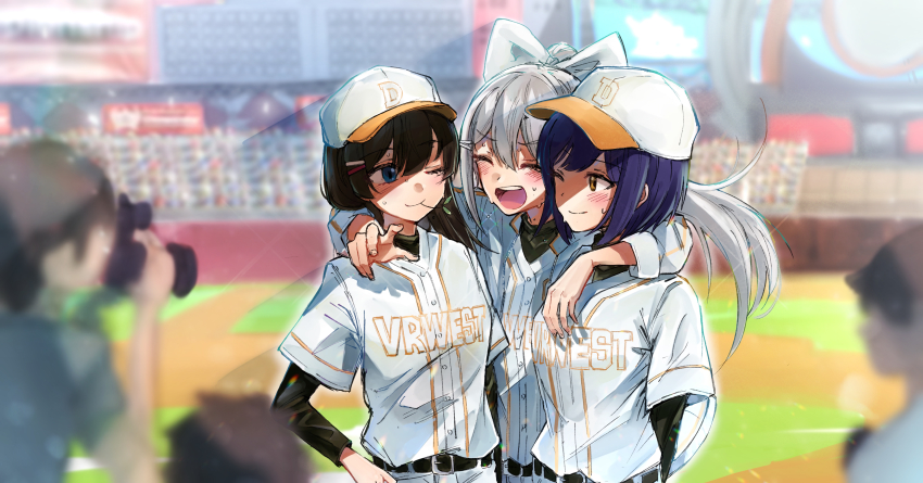 3girls, absurdres, baseball_cap, baseball_stadium, baseball_uniform, black_hair, blue_eyes, brown_eyes