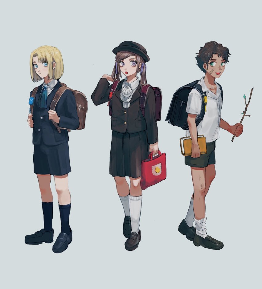 1girl, 2boys, aged_down, alternate_costume, backpack, bad_id, bad_twitter_id, bag, bandaid, bandaid_on_face, black_hair, blonde_hair, blue_eyes, book, brown_hair, claude_von_riegan, closed_mouth, contemporary, dark-skinned_male, dark_skin, dimitri_alexandre_blaiddyd, dimitri_alexandre_blaiddyd_(young), edelgard_von_hresvelg, edelgard_von_hresvelg_(young), fire_emblem, fire_emblem:_three_houses, green_eyes, hair_ribbon, hat, highres, hiroshi_(moremorepi), holding, holding_book, long_hair, multiple_boys, nintendo, open_mouth, purple_eyes, ribbon, shoes, short_hair, shorts, simple_background, socks, twintails, white_socks