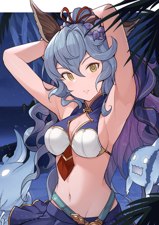 1girl, animal_ears, armpits, arms_behind_head, arms_up, bare_shoulders, beppo_(granblue_fantasy), bikini