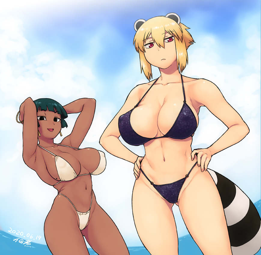2girls, animal_ears, araiguma-san, armpits, bangle, bikini, black_bikini, black_eyes