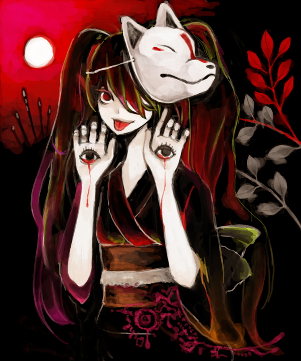 1girl, black_hair, blood, clona, female_focus, fox_mask, full_moon, hatsune_miku
