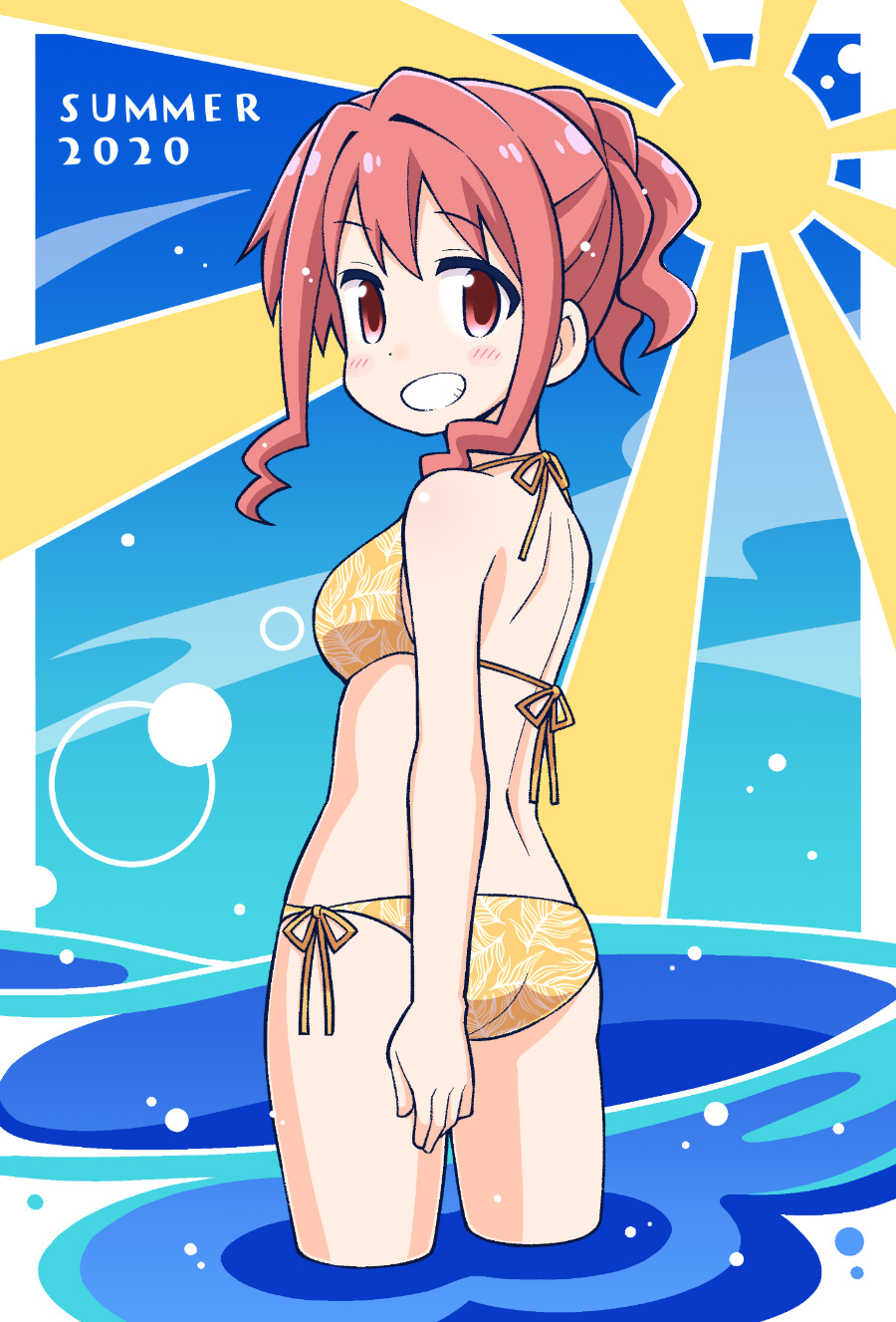 1girl, ass, bare_arms, bare_shoulders, bikini, blush, breasts, brown_eyes
