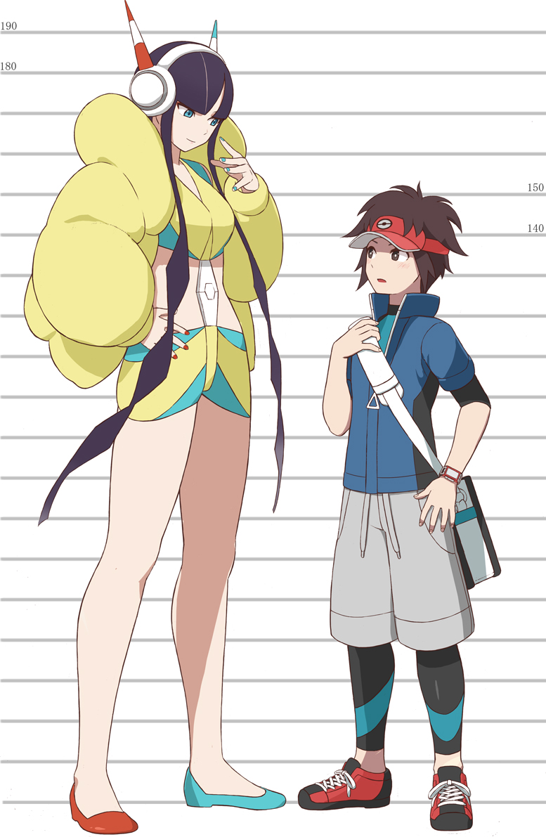 1boy, 1girl, age_difference, asymmetrical_footwear, bag, black_hair, blue_eyes, blue_jacket, blue_nails, brown_eyes, brown_hair, closed_mouth, commentary_request, elesa_(pokemon), grey_shorts, handbag, height_chart, height_difference, jacket, looking_at_another, mismatched_footwear, mizuno_(pixiv31352320), nail_polish, nate_(pokemon), nintendo, pokemon, pokemon_black_2_and_white_2, puffer_coat, red_nails, shoes, short_hair, short_hair_with_long_locks, shorts, sidelocks, size_comparison, size_difference, smile, sneakers, tall_female, uneven_footwear, visor_cap, watch, wristwatch, yellow_jacket