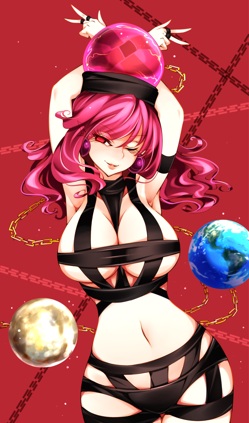 1girl, absurdres, alternate_costume, armpits, arms_up, breasts, cowboy_shot, earrings