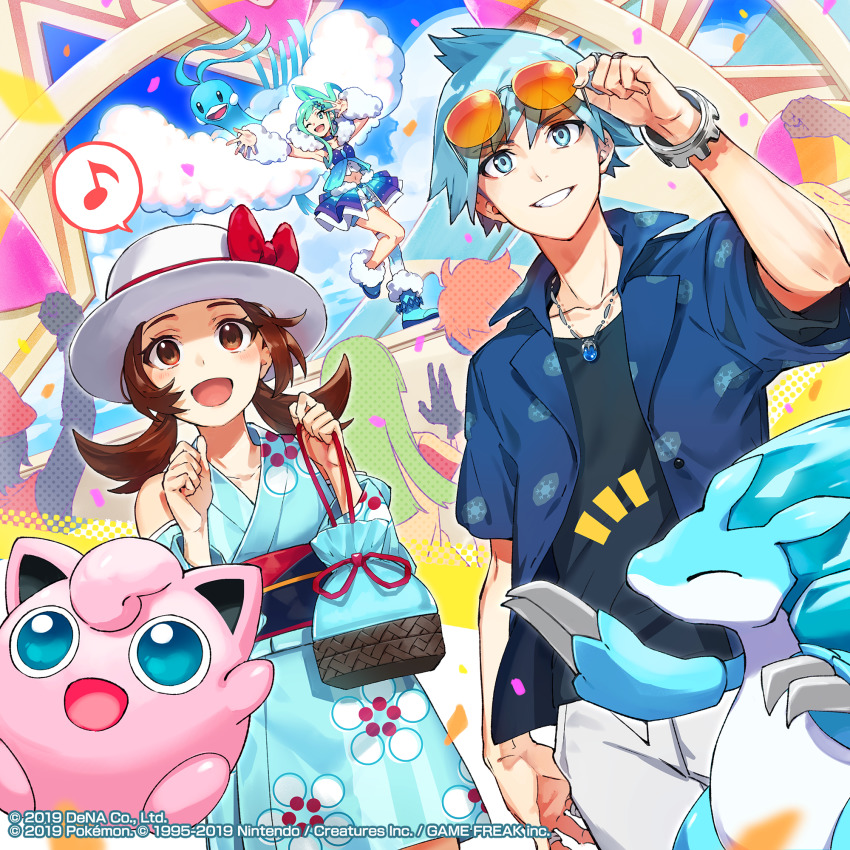 1boy, 6+girls, ace_trainer_(female)_(pokemon_oras), ace_trainer_(pokemon), alolan_form, alolan_sandslash, altaria, arisaka_ako, blue_eyes, blue_hair, bow, bracer, brown_eyes, brown_hair, cloud, commentary_request, dated, day, eyewear_on_head, floral_print, floral_print_kimono, gen_1_pokemon, gen_3_pokemon, gen_7_pokemon, hands_up, hat, hat_bow, highres, holding, japanese_clothes, jigglypuff, kimono, lisia_(pokemon), lyra_(pokemon), lyra_(summer_2020)_(pokemon), multiple_girls, musical_note, nintendo, official_alternate_costume, official_art, open_mouth, outdoors, pokemon, pokemon_(creature), pokemon_masters_ex, pokemon_omega_ruby_and_alpha_sapphire, pokemon_ranger_(pokemon), print_kimono, sky, spoken_musical_note, stage, steven_stone, steven_stone_(summer_2020), summer, sunglasses, sunglasses_on_head, teeth, tongue, twintails, white_headwear