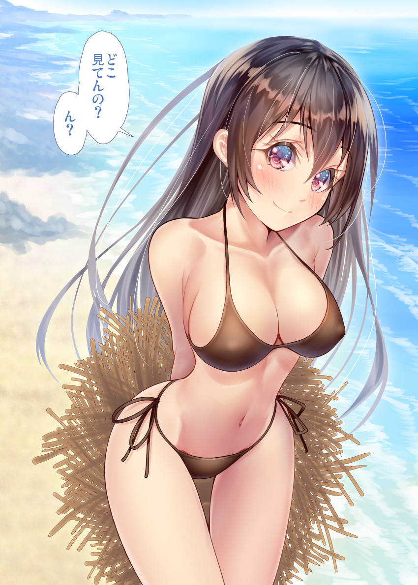 1girl, absurdres, arms_behind_back, beach, bikini, black_hair, breasts, brown_bikini