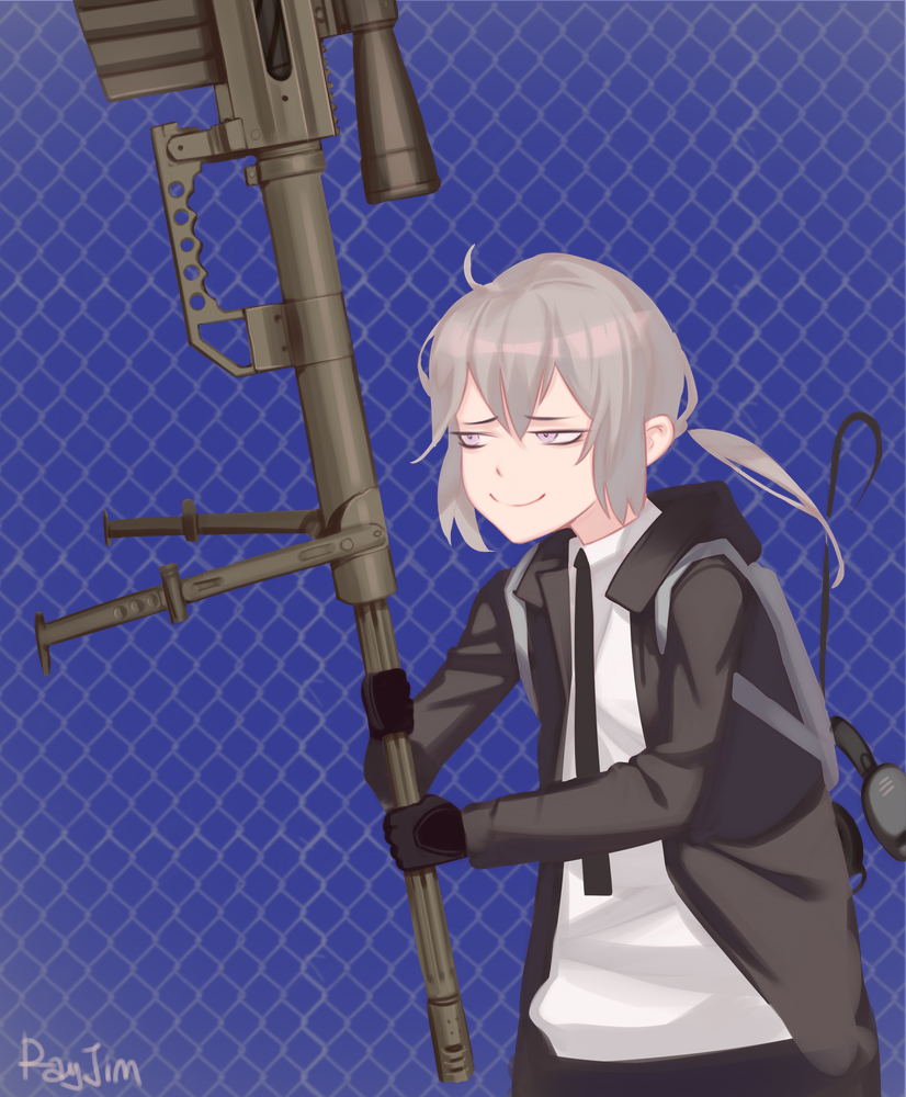 1girl, ahoge, bolt_action, cheytac_m200, george_costanza, girls'_frontline, grey_hair, gun