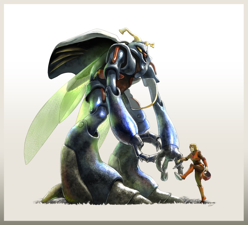 1girl, absurdres, antennae, dana_o'shee, helmet, highres, holding, holding_unworn_helmet, hunched_over, insect_wings, long_arms, marvel_frozen, mecha, pilot_suit, robot, seisenshi_dunbine, size_difference, standing, umeno_ryuuji, unworn_helmet, wings, yellow_eyes